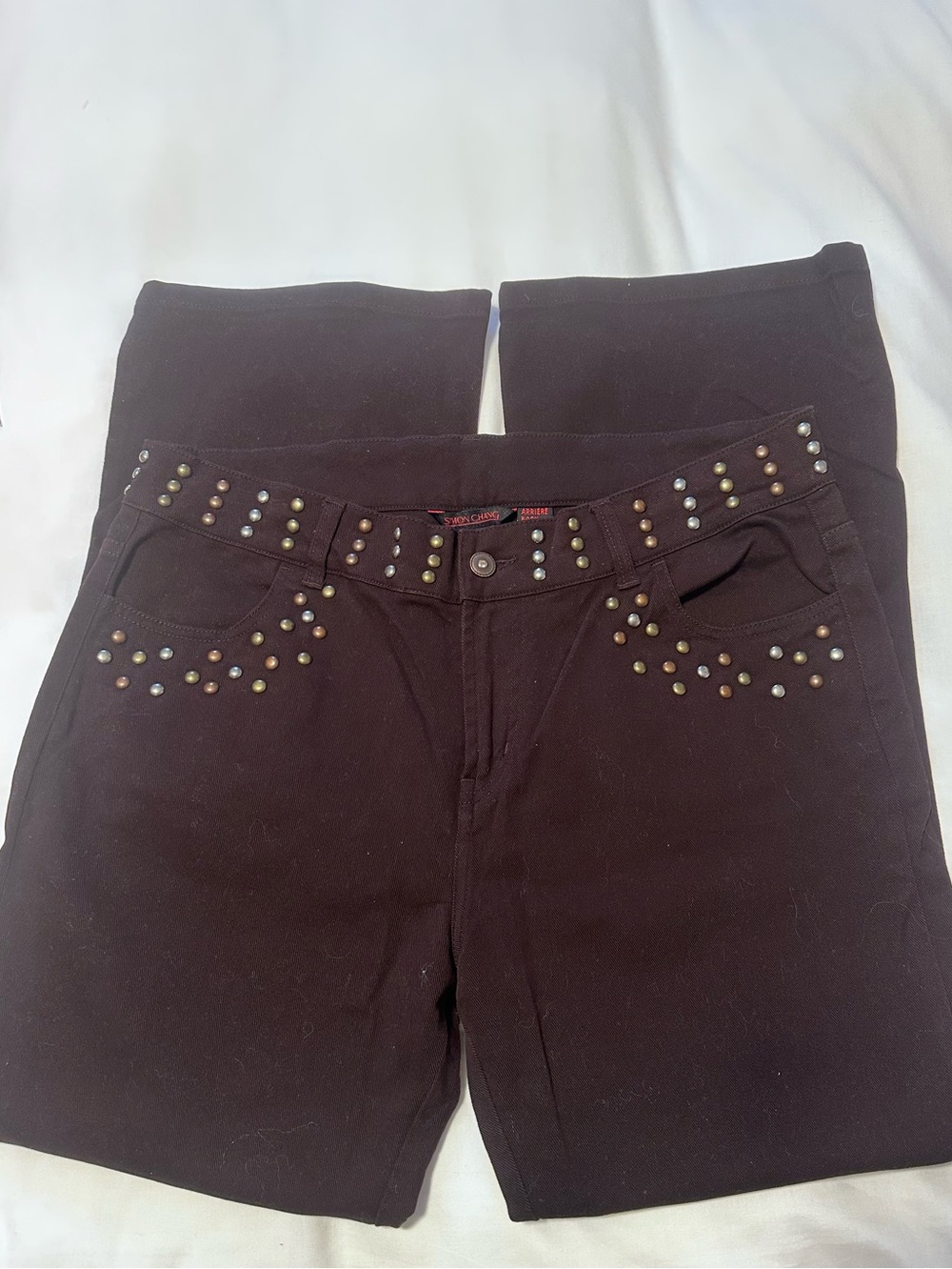Simon Chang Size14 Dark Brown Stretch Denim Studded Jeans Limited Edition